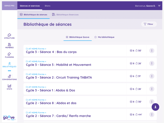 Illustration de l'interface de Goove.app présentant la bibliothèque d'exercices