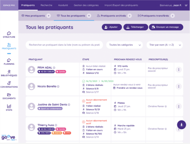 Image de l'interface de l'outil Goove.app présentant la liste des pratiquants